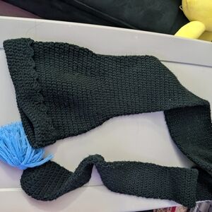 Black Knit Scarf with Blue Tassel